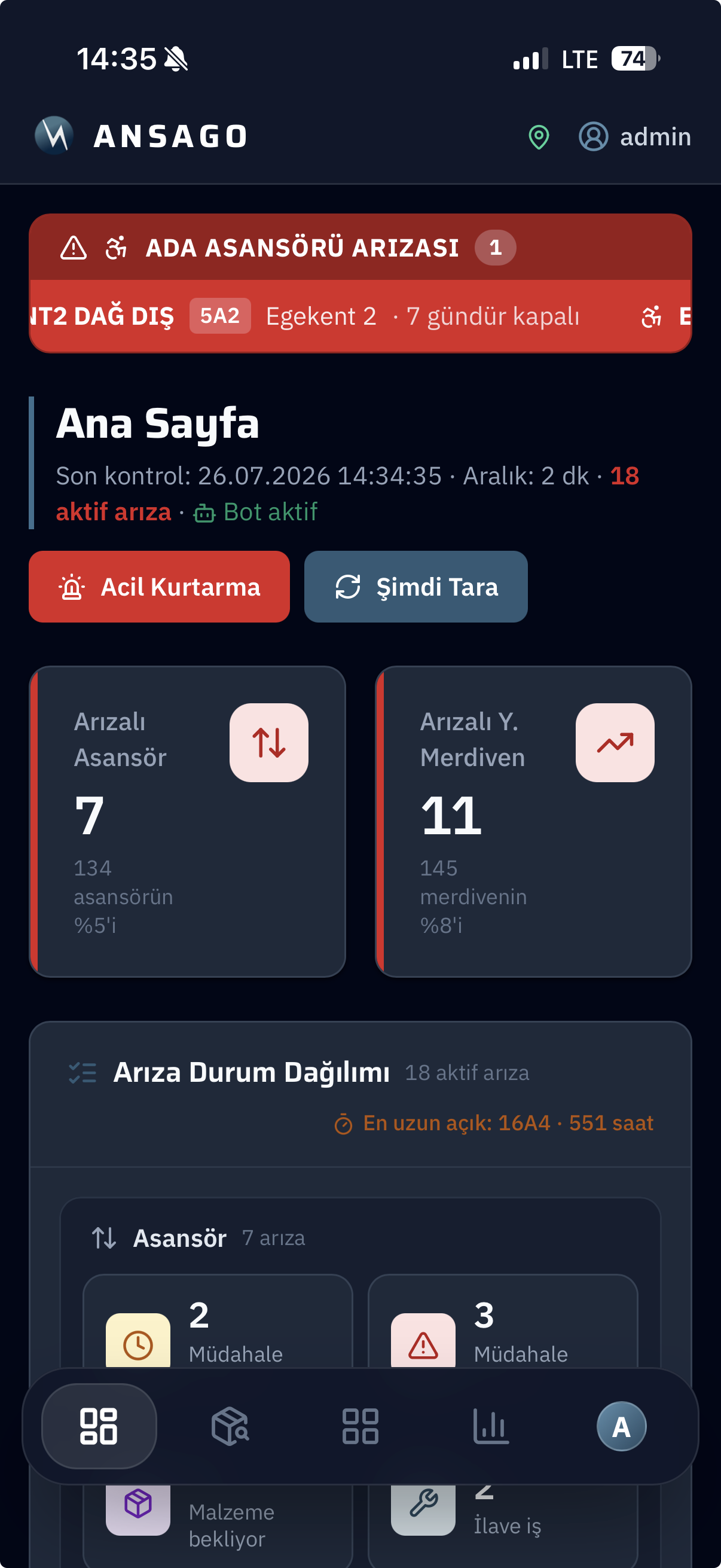 Ansago mobil uygulama — ana sayfa arıza özeti
